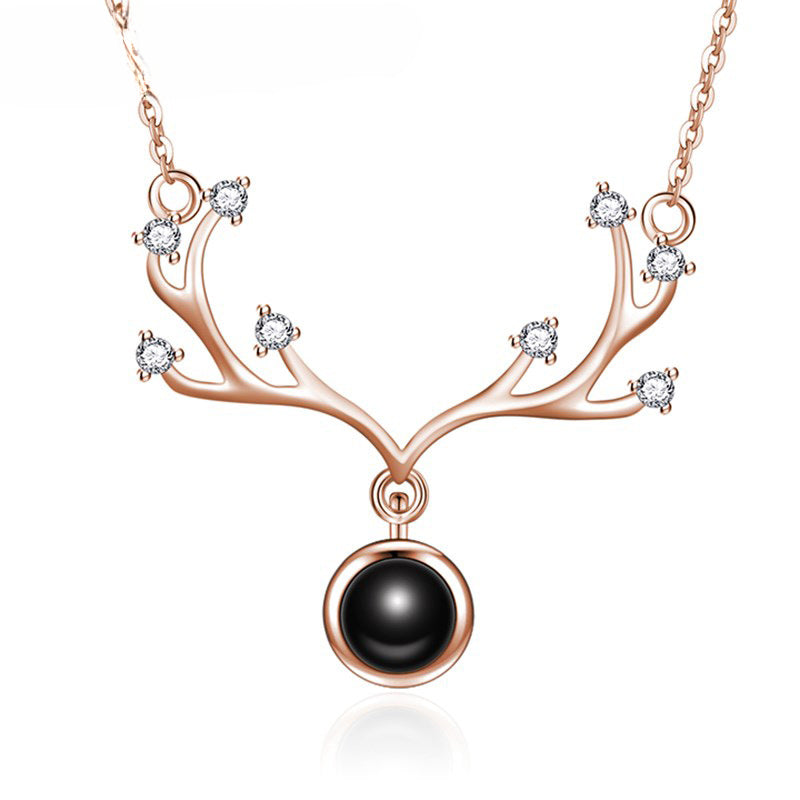 Collar de proyección en 100 idiomas con cuernos de ciervo y dije “Te amo”, cadena para clavícula, joyería de plata