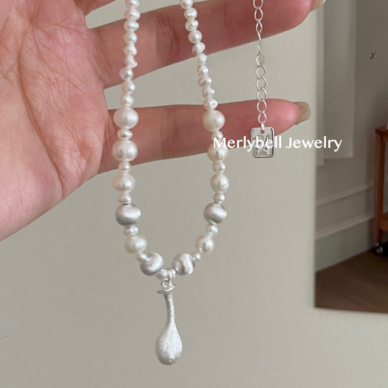 S925 Sterling Silver Brushed Water Droplet Pearl Necklace, Layered and High-end for Women