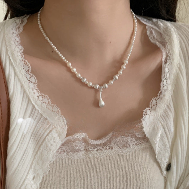 S925 Sterling Silver Brushed Water Droplet Pearl Necklace, Layered and High-end for Women