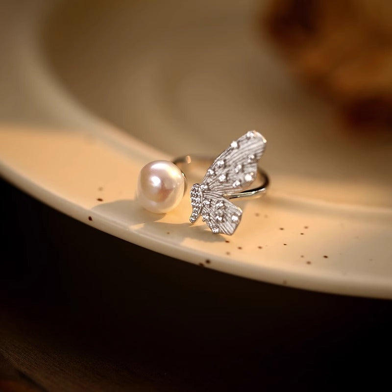S925 Pure Silver Natural Freshwater Pearl Butterfly Ring for Women with Adjustable Opening