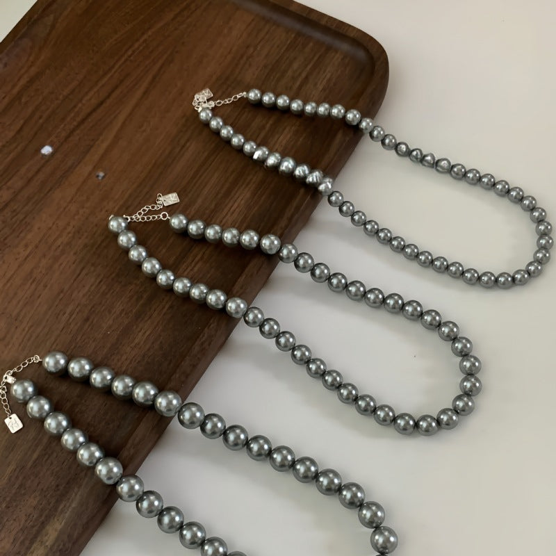 S925 Sterling Silver Necklace, High-quality Crystal Pearl Gray Round, Personalized Collarbone Chain for Women