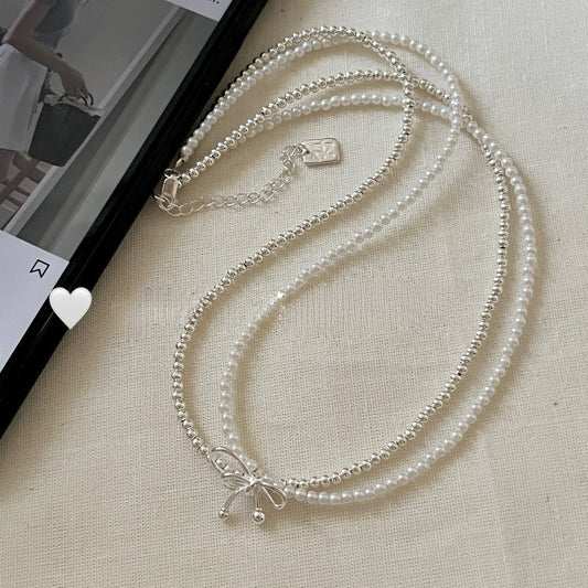 S925 Sterling Silver Bow Double Layered White Pearl Necklace Layered with High-end Collarbone Chain