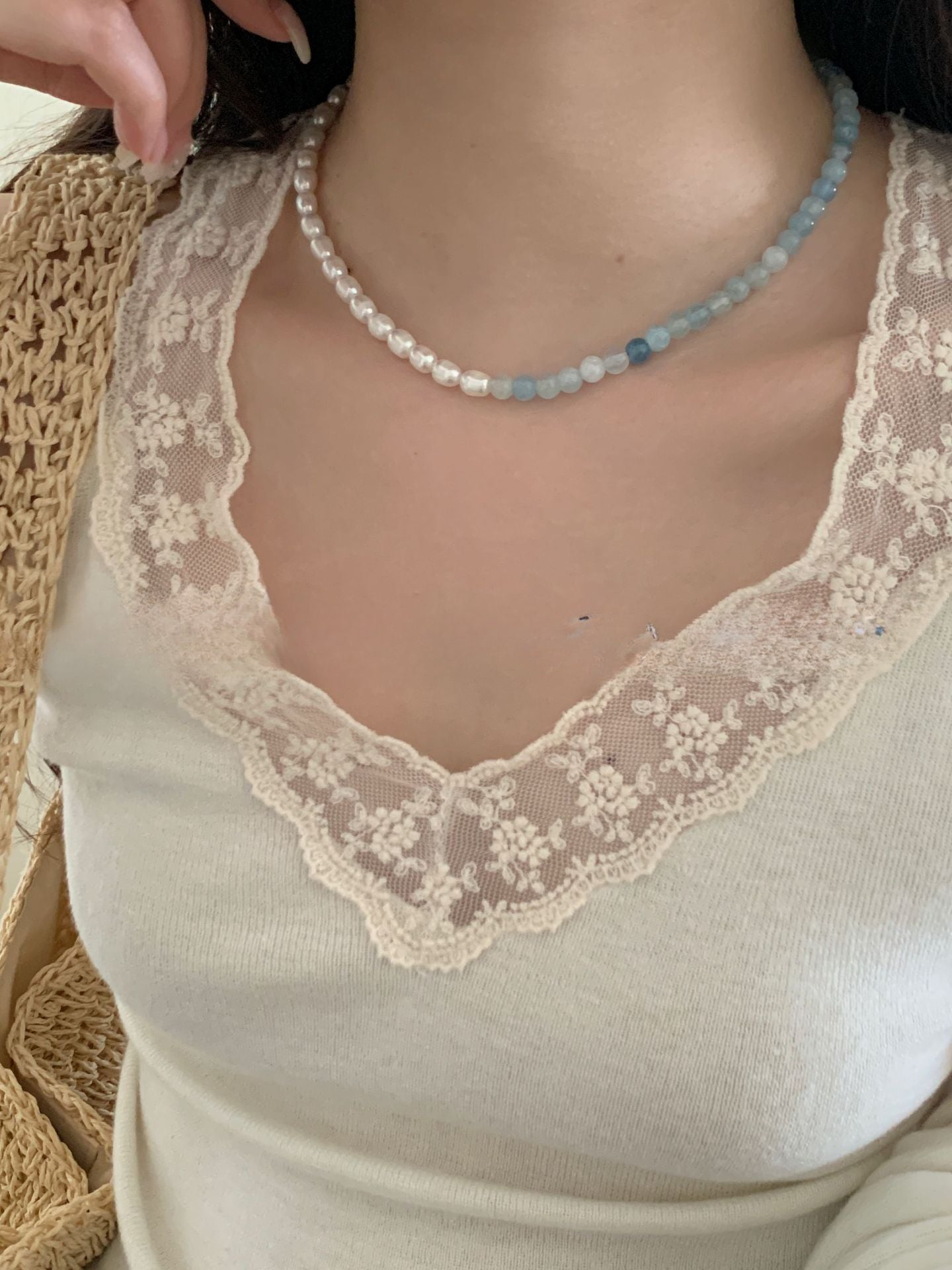 Handmade Minimalist Silver Jewelry S925 Pure Silver Aquamarine Treasure Pearl Splicing Necklace