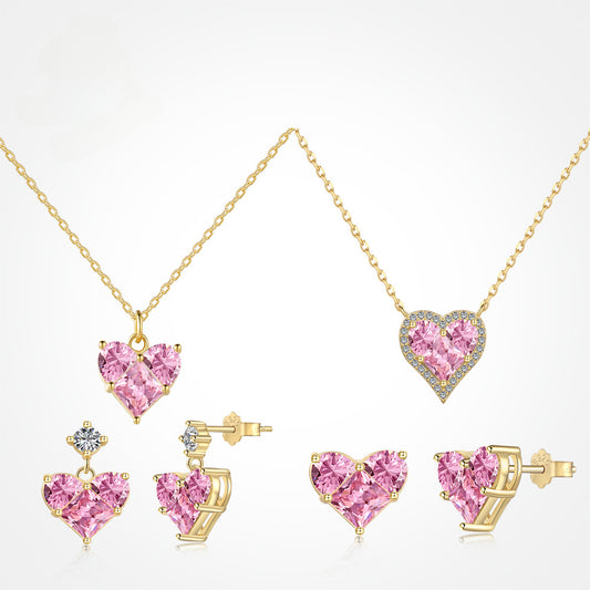 S925 Silver Pink Heart-shaped Zircon Jewelry Necklace Earrings