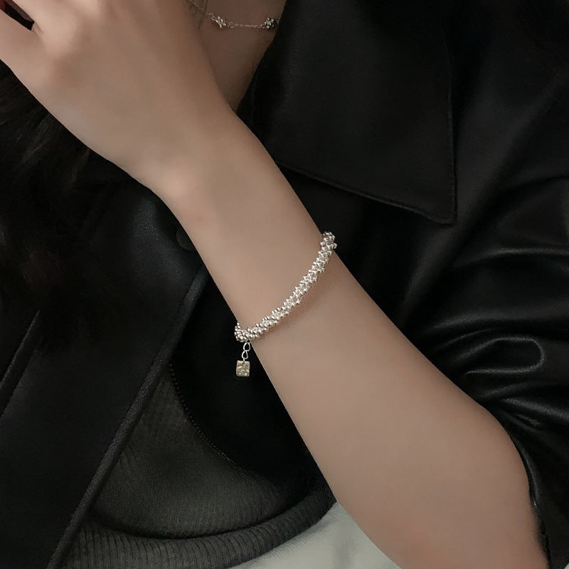 Handmade S925 Sterling Silver Simple Triple Bead Chain Wrapped Bracelet