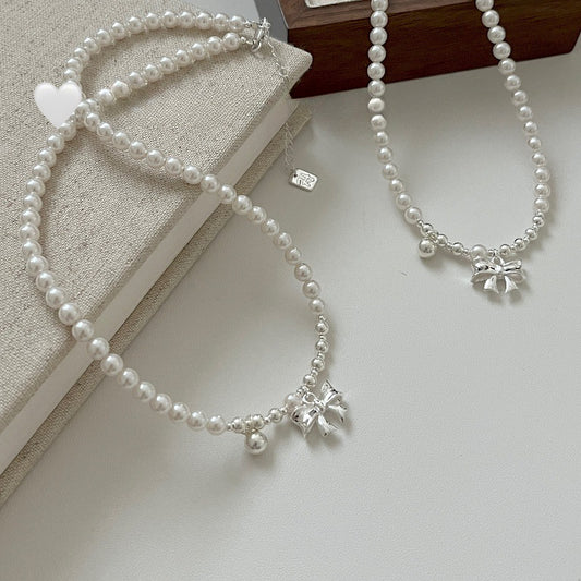 S925 Sterling Silver High-quality Crystal Pearl Bow Bead Necklace
