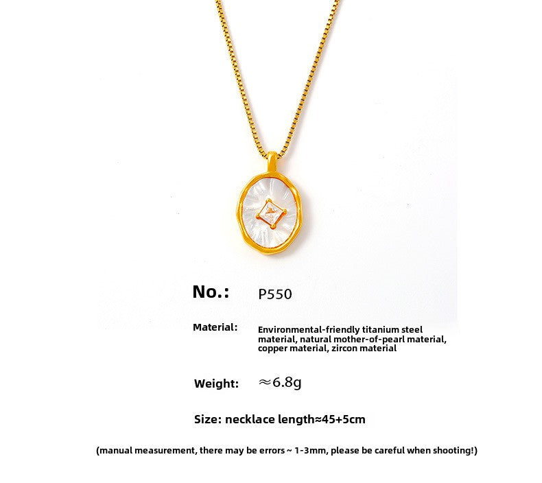 French Retro Oval Inlaid Zircon Copper Pendant, Titanium Steel Lock Chain, 18K Gold-plated Layered Style