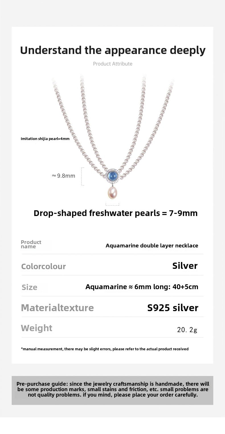 S925 Sterling Silver Natural Aquamarine High-quality Artificial Pearl Double-layer Necklace for Women's Collarbone Chain