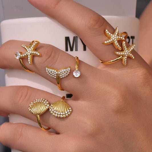 18K Gold Starfish Shell Zircon Open Index Finger Ring Summer Ocean Wind Stainless Steel