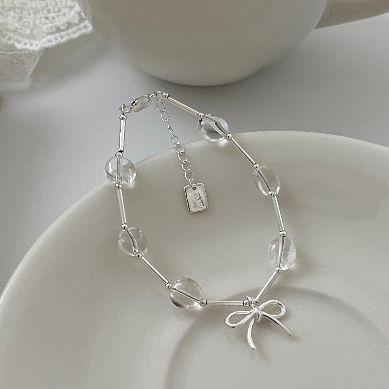 S925 Sterling Silver Bow, White Crystal Straight Tube Bracelet, Women's Layered Wear