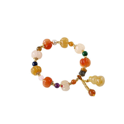 Natural Xinjiang Golden Silk Jade Bracelet Couple Style Ethnic Style Pumpkin Beads Bamboo Knot Hanging Gourd Yellow Jade Bracelet