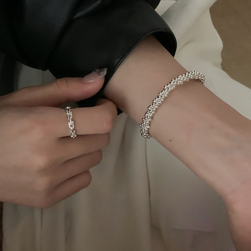 Handmade S925 Sterling Silver Simple Triple Bead Chain Wrapped Bracelet