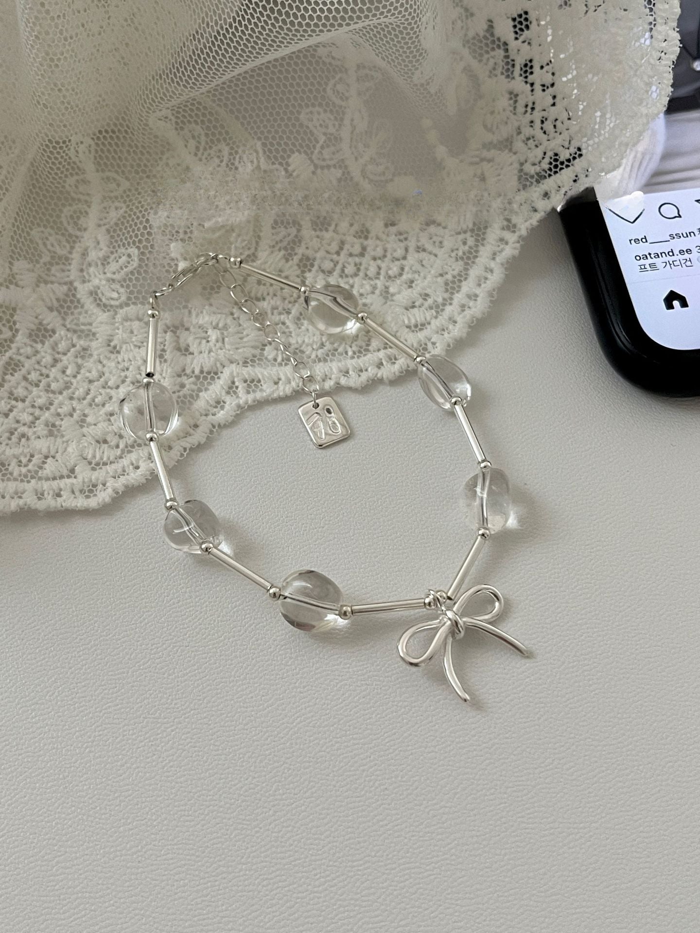 S925 Sterling Silver Bow, White Crystal Straight Tube Bracelet, Women's Layered Wear