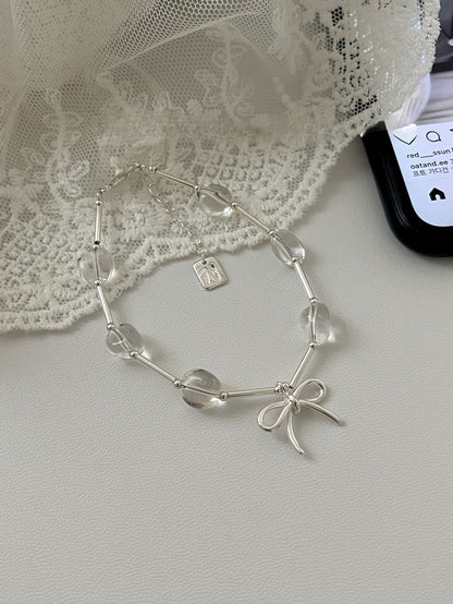 S925 Sterling Silver Bow, White Crystal Straight Tube Bracelet, Women's Layered Wear