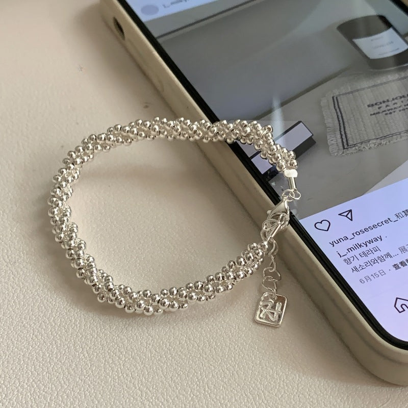 Handmade S925 Sterling Silver Simple Triple Bead Chain Wrapped Bracelet