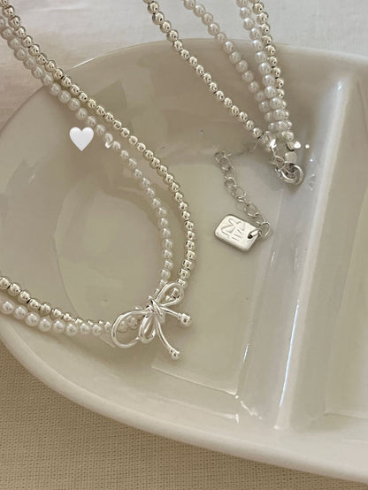 S925 Sterling Silver Bow Double Layered White Pearl Necklace Layered with High-end Collarbone Chain