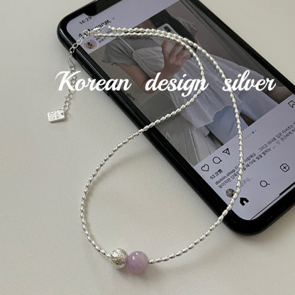 S925 Sterling Silver Rice Grain Amethyst Texture Bead Necklace Collarbone Chain