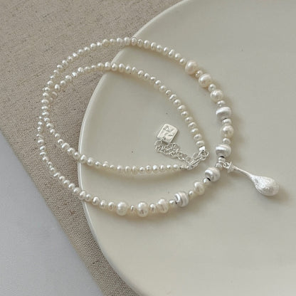 S925 Sterling Silver Brushed Water Droplet Pearl Necklace, Layered and High-end for Women