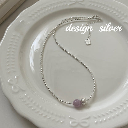 S925 Sterling Silver Rice Grain Amethyst Texture Bead Necklace Collarbone Chain