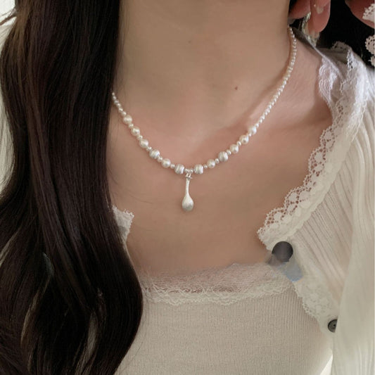 S925 Sterling Silver Brushed Water Droplet Pearl Necklace, Layered and High-end for Women