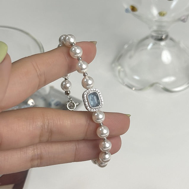 S925 Pure Silver Aquamarine High-Quality Faux Pearl Bracelet Bracelet for Women