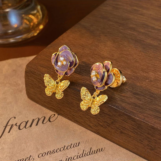 S925 Silver Needle Retro Drop Glazed Camellia Butterfly Earrings Copper Plated 18K Gold Fashionable Earrings