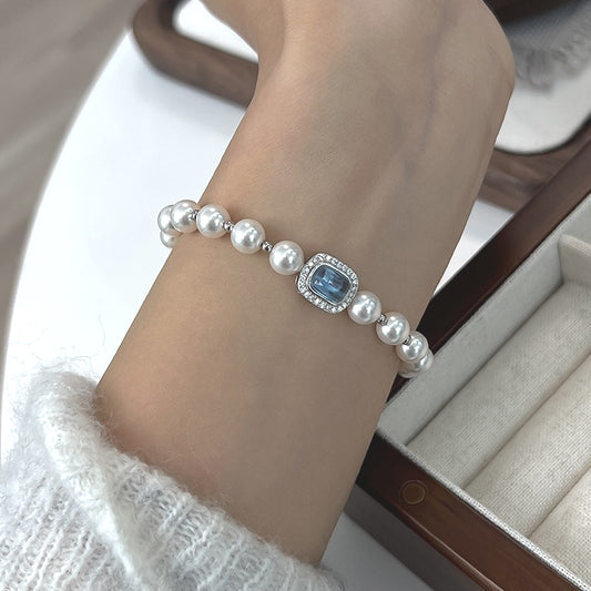 S925 Pure Silver Aquamarine High-Quality Faux Pearl Bracelet Bracelet for Women