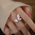 S925 Pure Silver Natural Freshwater Pearl Butterfly Ring for Women with Adjustable Opening