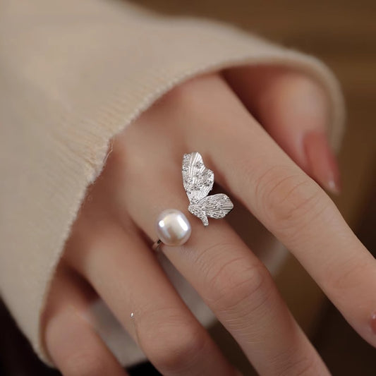 S925 Pure Silver Natural Freshwater Pearl Butterfly Ring for Women with Adjustable Opening