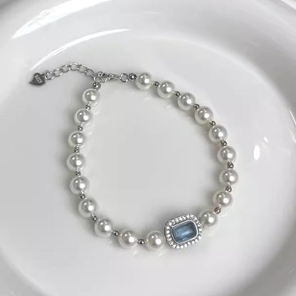 S925 Pure Silver Aquamarine High-Quality Faux Pearl Bracelet Bracelet for Women