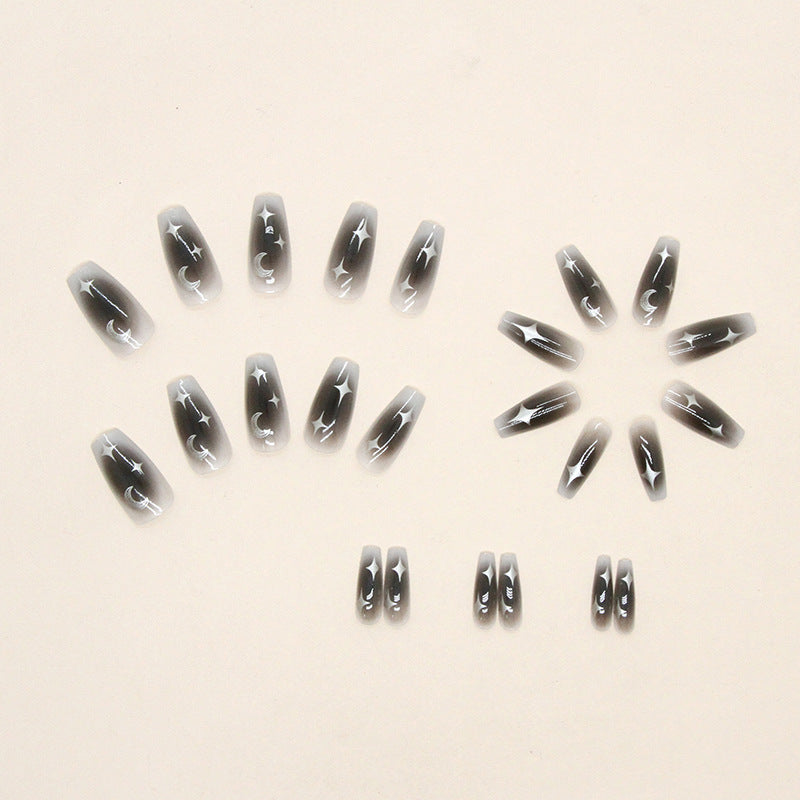 Black Style Girl Wearing Armor, Silver Moon and Star Nail Art, Medium Length Ballet Armor