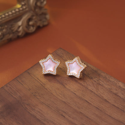 S925 Silver Needle Exquisite Micro Inlaid Zircon Pentagram Earrings Light Luxury Natural Powder Fritillary Earrings