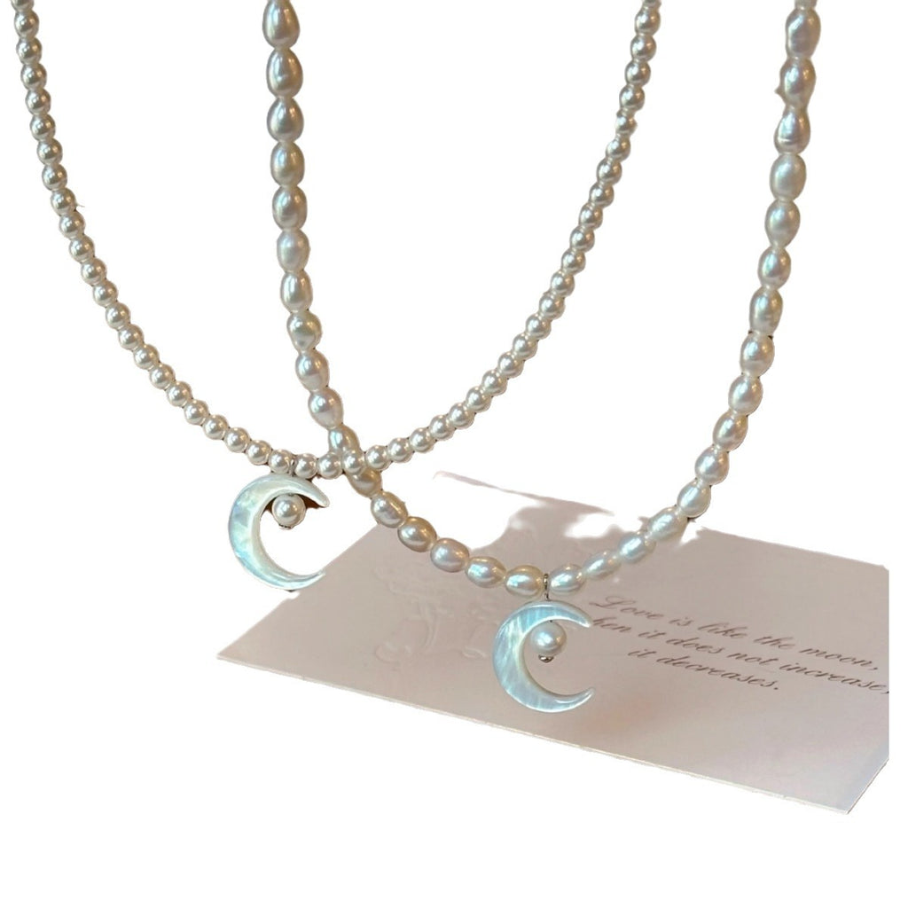 S925 Pure Silver Natural Freshwater Pearl Butterfly Shell Moon Necklace for Women