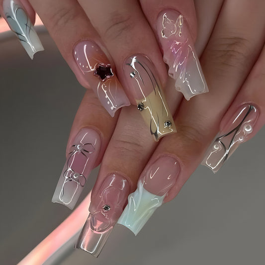 Star Studded Diamond Long Nail Art Drip Glue French Fake Nail Patch 3D Three-dimensional Butterfly Wearable Nail
