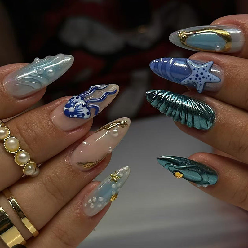 Deep Sea Fresh Blue Paired with Pearl Shells, Starfish, European and American Ins Style, Detachable Nail Art Pieces, Wearable Nail 24 Pieces