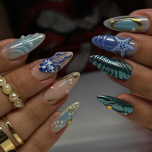 Deep Sea Fresh Blue Paired with Pearl Shells, Starfish, European and American Ins Style, Detachable Nail Art Pieces, Wearable Nail 24 Pieces