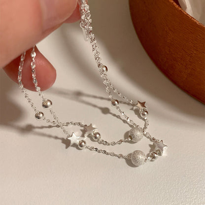 S925 Sterling Silver Double-layer Star Bracelet with Frosted Round Beads