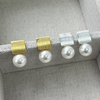 S925 Pure Silver Geometric Earrings French Retro Pearl Square Earrings