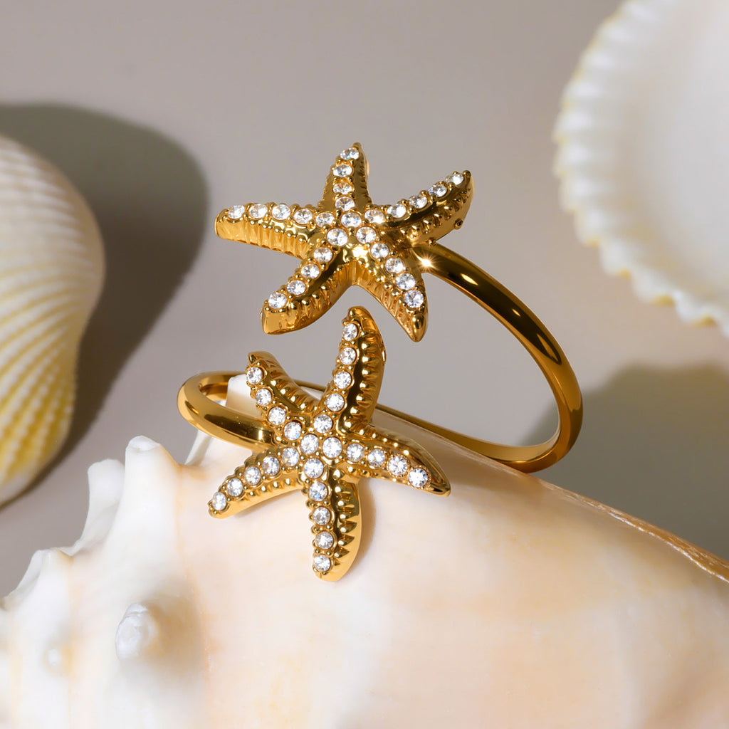18K Gold Starfish Shell Zircon Open Index Finger Ring Summer Ocean Wind Stainless Steel