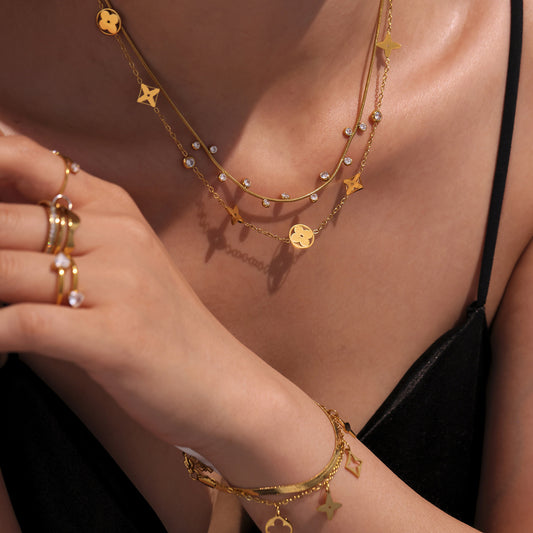 5A Round Bead Zircon Hollowed-out Lucky Four-leaf Flower Layered Necklace with 18K Gold Plated Accessories and Neck Chain