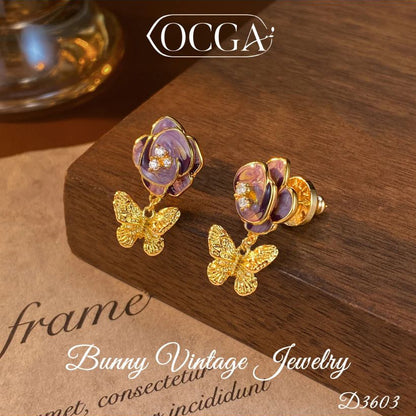 S925 Silver Needle Retro Drop Glazed Camellia Butterfly Earrings Copper Plated 18K Gold Fashionable Earrings