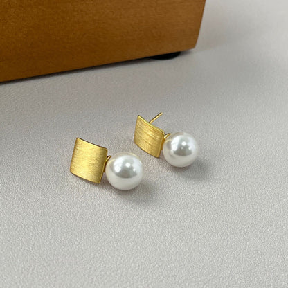 S925 Pure Silver Geometric Earrings French Retro Pearl Square Earrings
