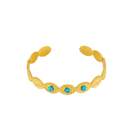 Blue Turquoise Titanium Steel Light Luxury Fashion Design Sense, Geometric 18K Gold Simple C-shaped Open Bracelet for Women