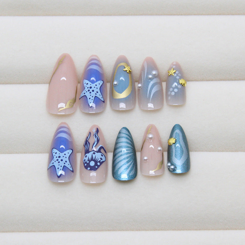 Deep Sea Fresh Blue Paired with Pearl Shells, Starfish, European and American Ins Style, Detachable Nail Art Pieces, Wearable Nail 24 Pieces