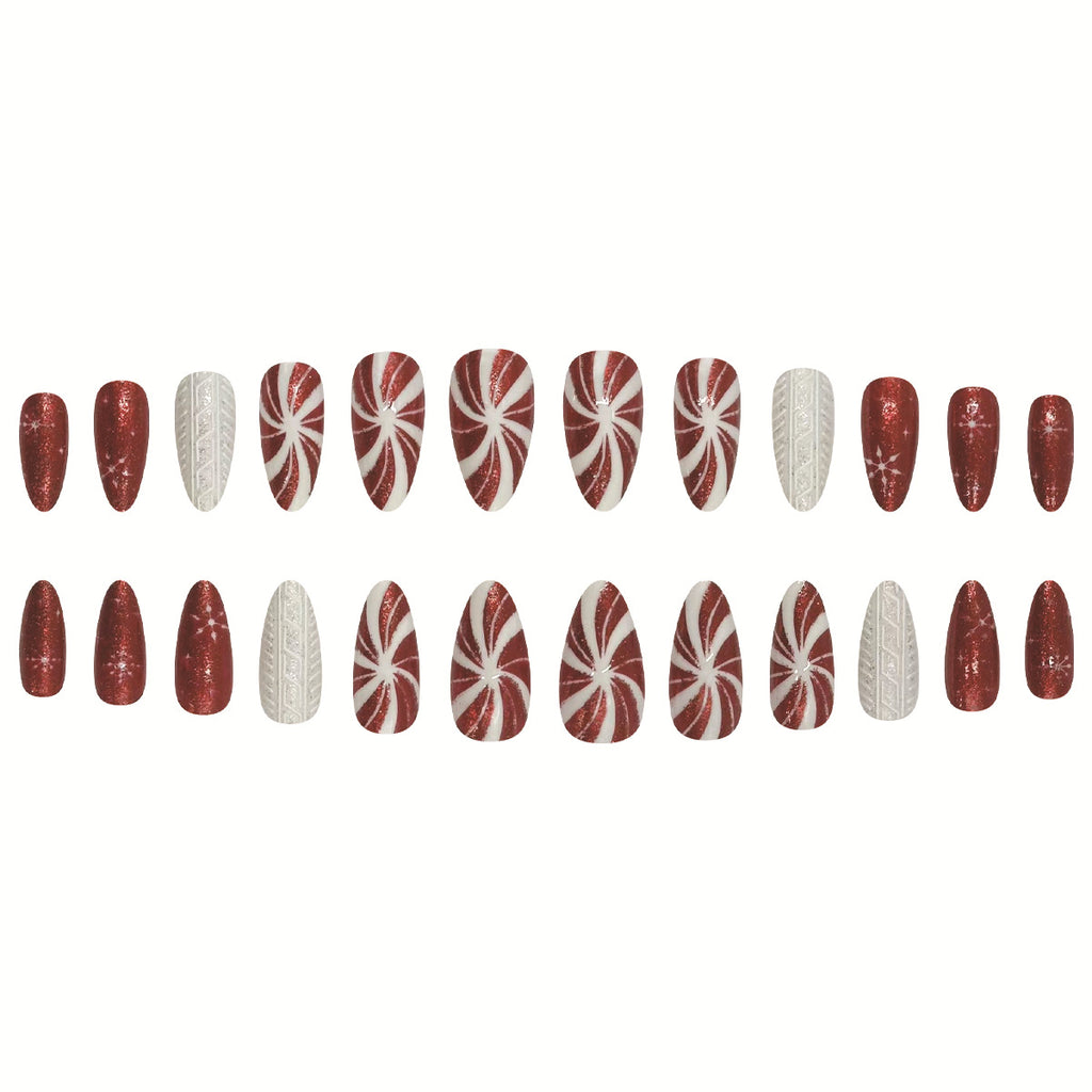 Christmas Red and White Spiral Snowflake 3D Sweater Pattern Sparkling Almond Wearing Nail Patch Fake Nail