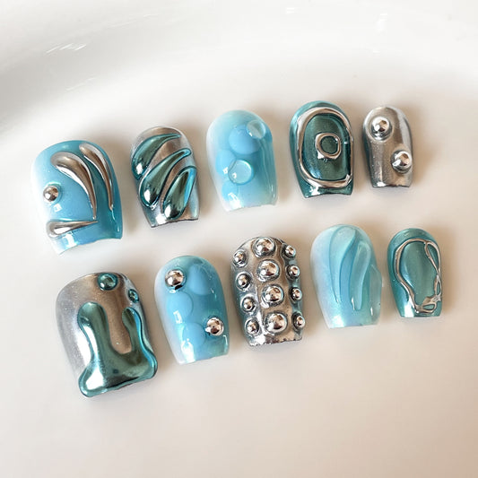 Handmade Wearing Armor Blue Dreamy Mermaid Tears Sweet Cool Spicy Girl Short Nail Art
