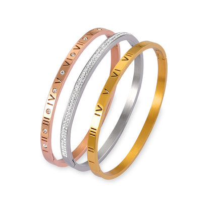 Vintage, Unique, and Minimalist Jewelry Carved with Roman Numerals, Designed with A Diamond Studded Titanium Steel and Gold-plated Bracelet