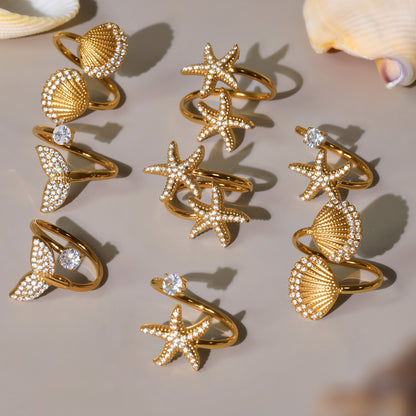 18K Gold Starfish Shell Zircon Open Index Finger Ring Summer Ocean Wind Stainless Steel