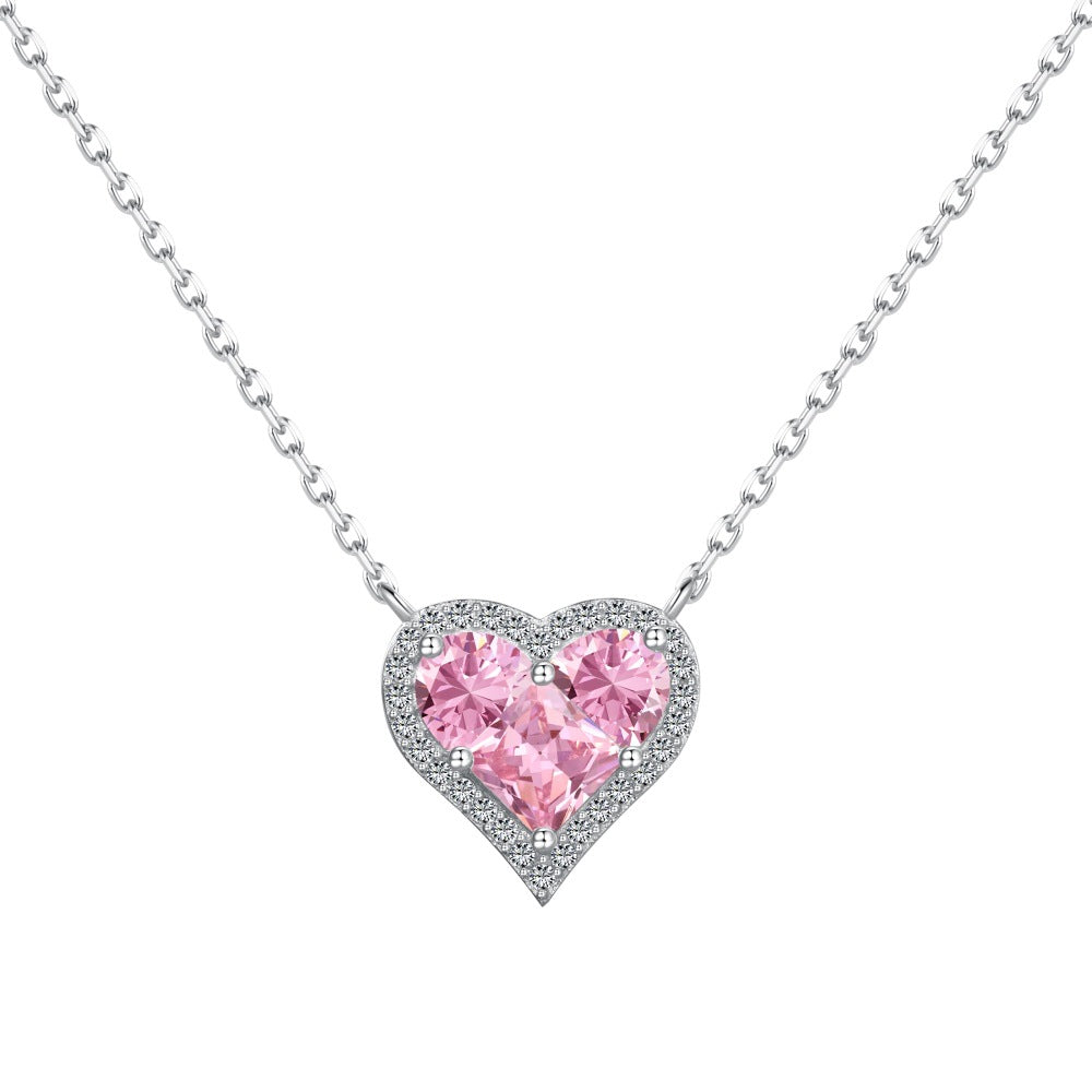 S925 Silver Pink Heart-shaped Zircon Jewelry Necklace Earrings
