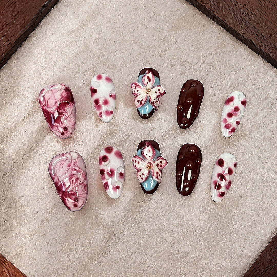 Handmade Wearing, Blending, Hand Drawn, Three-dimensional Carved, High-end Medium To Long Almond Shaped Nail Art Pieces